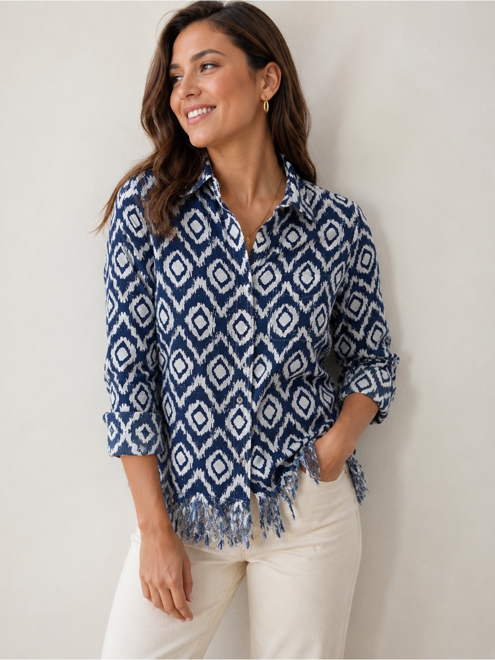 Tizzie Linen Blend Geo Print Fringe Hem Button-Up Shirt Size XS